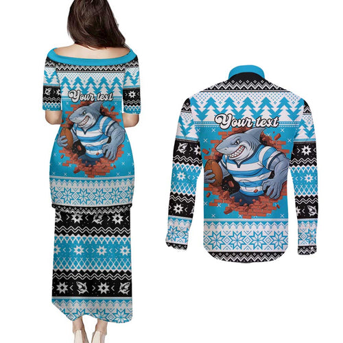 Claus Shark Strikes Personalized Couples Matching Puletasi and Long Sleeve Button Shirt Christmas Rugby League Spirit - Aussie Hoodie
