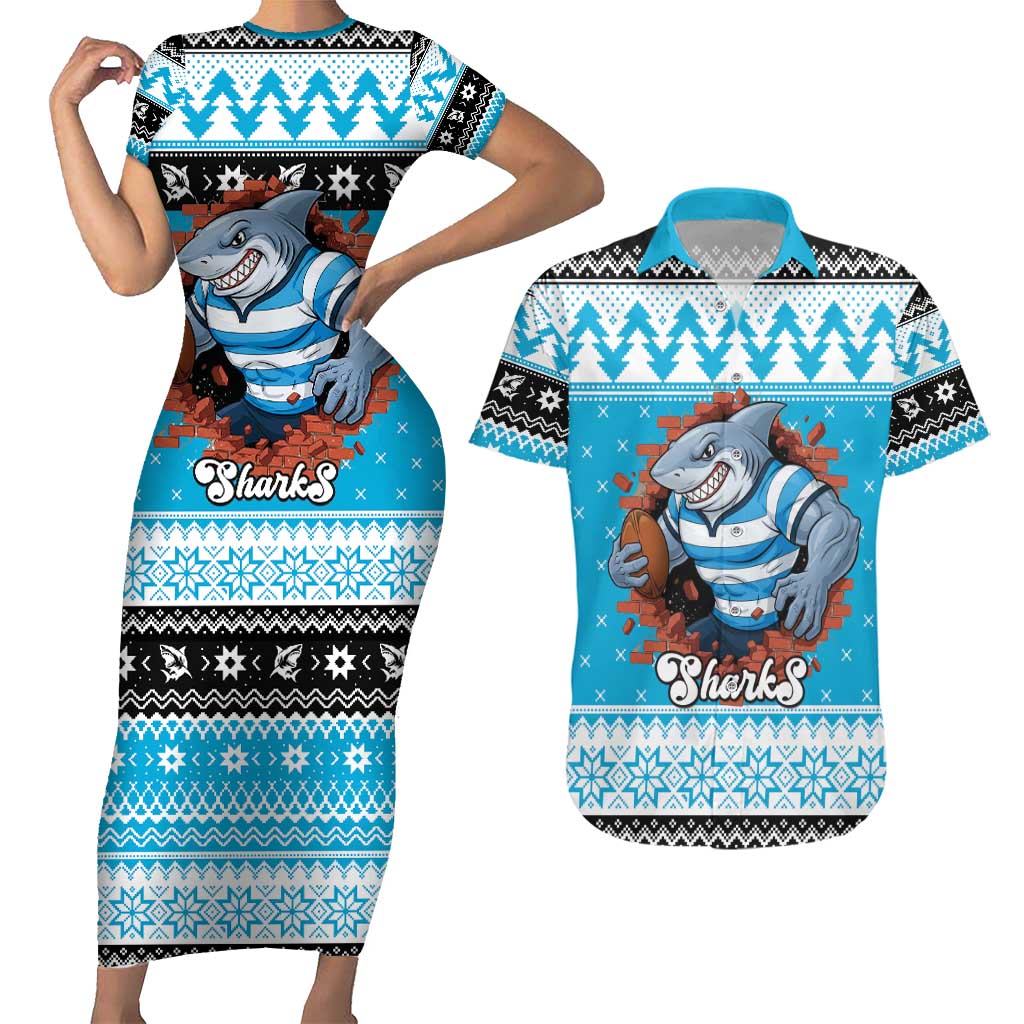 Claus Shark Strikes Personalized Couples Matching Short Sleeve Bodycon Dress and Hawaiian Shirt Christmas Rugby League Spirit - Aussie Hoodie