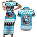 Claus Shark Strikes Personalized Couples Matching Short Sleeve Bodycon Dress and Hawaiian Shirt Christmas Rugby League Spirit - Aussie Hoodie