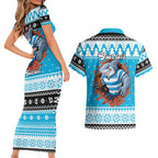 Claus Shark Strikes Personalized Couples Matching Short Sleeve Bodycon Dress and Hawaiian Shirt Christmas Rugby League Spirit - Aussie Hoodie