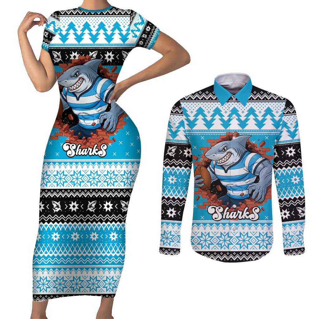Claus Shark Strikes Personalized Couples Matching Short Sleeve Bodycon Dress and Long Sleeve Button Shirt Christmas Rugby League Spirit - Aussie Hoodie