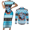 Claus Shark Strikes Personalized Couples Matching Short Sleeve Bodycon Dress and Long Sleeve Button Shirt Christmas Rugby League Spirit - Aussie Hoodie