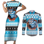 Claus Shark Strikes Personalized Couples Matching Short Sleeve Bodycon Dress and Long Sleeve Button Shirt Christmas Rugby League Spirit - Aussie Hoodie
