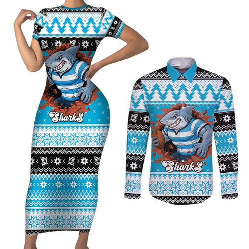 Claus Shark Strikes Personalized Couples Matching Short Sleeve Bodycon Dress and Long Sleeve Button Shirt Christmas Rugby League Spirit - Aussie Hoodie