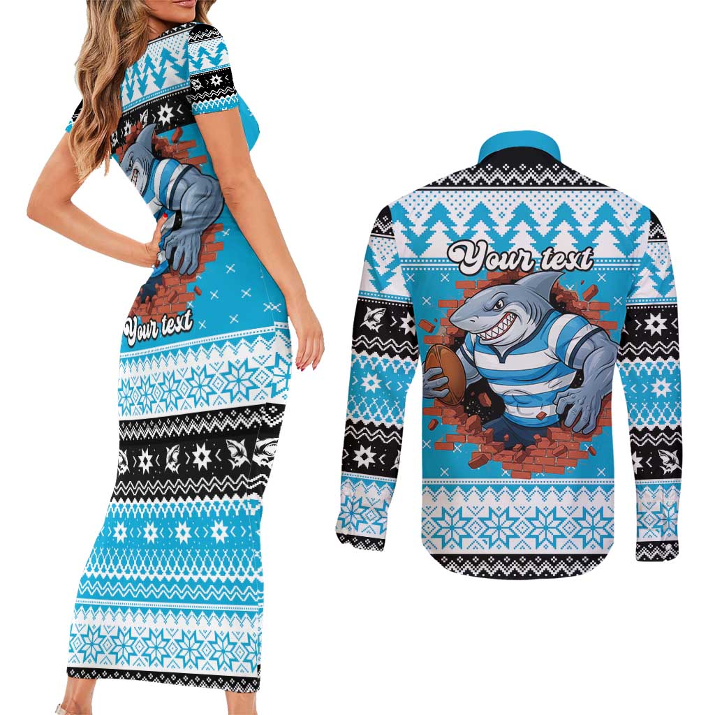 Claus Shark Strikes Personalized Couples Matching Short Sleeve Bodycon Dress and Long Sleeve Button Shirt Christmas Rugby League Spirit - Aussie Hoodie