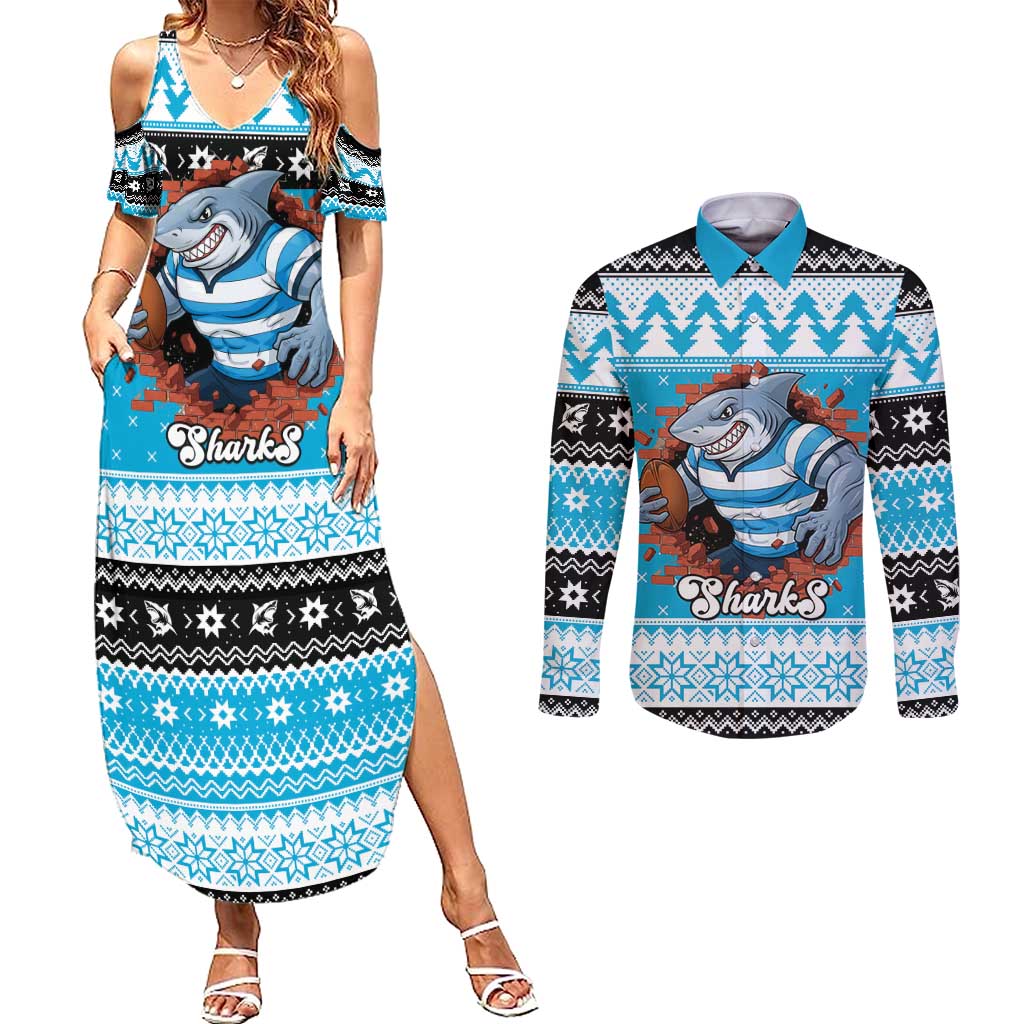 Claus Shark Strikes Personalized Couples Matching Summer Maxi Dress and Long Sleeve Button Shirt Christmas Rugby League Spirit - Aussie Hoodie