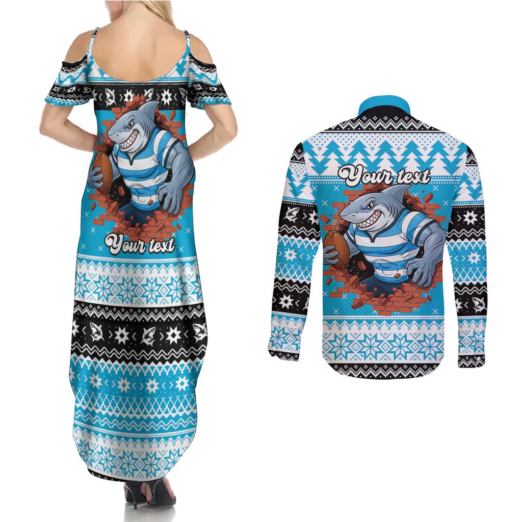 Claus Shark Strikes Personalized Couples Matching Summer Maxi Dress and Long Sleeve Button Shirt Christmas Rugby League Spirit - Aussie Hoodie