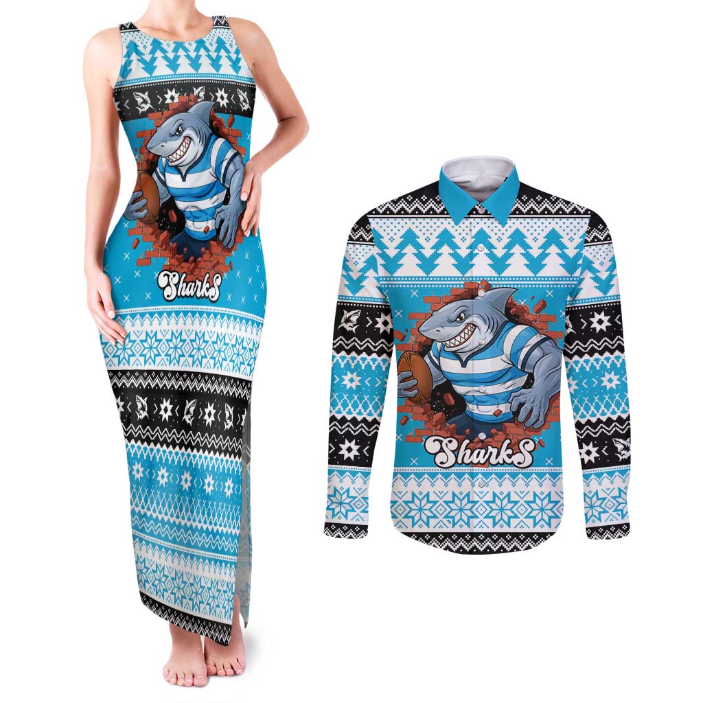 Claus Shark Strikes Personalized Couples Matching Tank Maxi Dress and Long Sleeve Button Shirt Christmas Rugby League Spirit - Aussie Hoodie