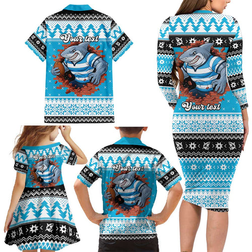 Claus Shark Strikes Personalized Family Matching Long Sleeve Bodycon Dress and Hawaiian Shirt Christmas Rugby League Spirit - Aussie Hoodie