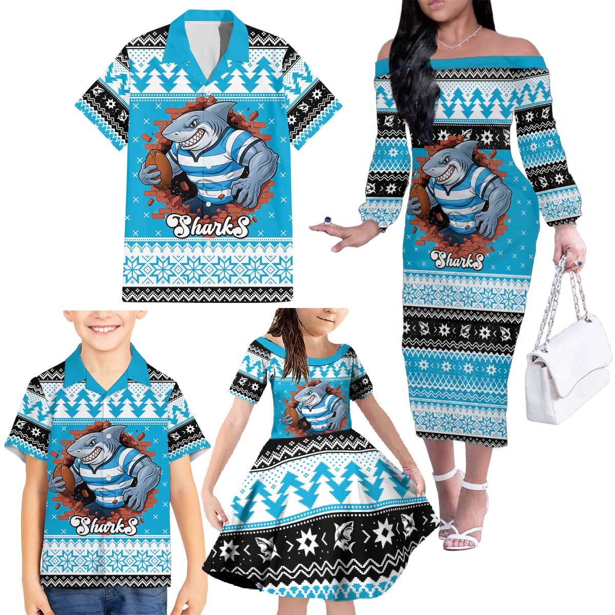 Claus Shark Strikes Personalized Family Matching Off The Shoulder Long Sleeve Dress and Hawaiian Shirt Christmas Rugby League Spirit - Aussie Hoodie
