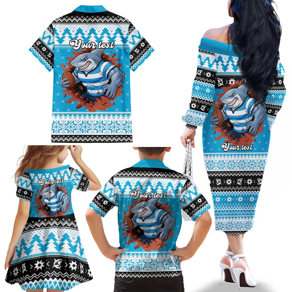 Claus Shark Strikes Personalized Family Matching Off The Shoulder Long Sleeve Dress and Hawaiian Shirt Christmas Rugby League Spirit - Aussie Hoodie