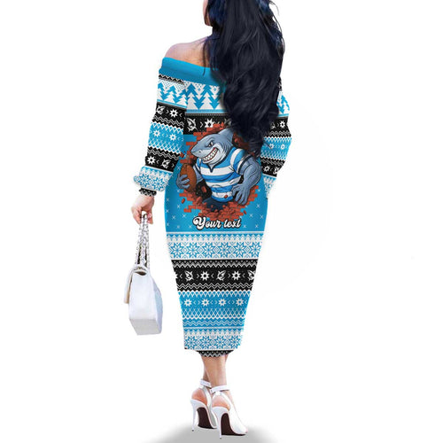 Claus Shark Strikes Personalized Family Matching Off The Shoulder Long Sleeve Dress and Hawaiian Shirt Christmas Rugby League Spirit - Aussie Hoodie