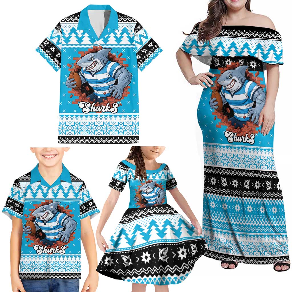 Claus Shark Strikes Personalized Family Matching Off Shoulder Maxi Dress and Hawaiian Shirt Christmas Rugby League Spirit - Aussie Hoodie
