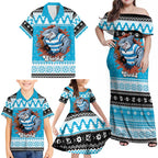 Claus Shark Strikes Personalized Family Matching Off Shoulder Maxi Dress and Hawaiian Shirt Christmas Rugby League Spirit - Aussie Hoodie