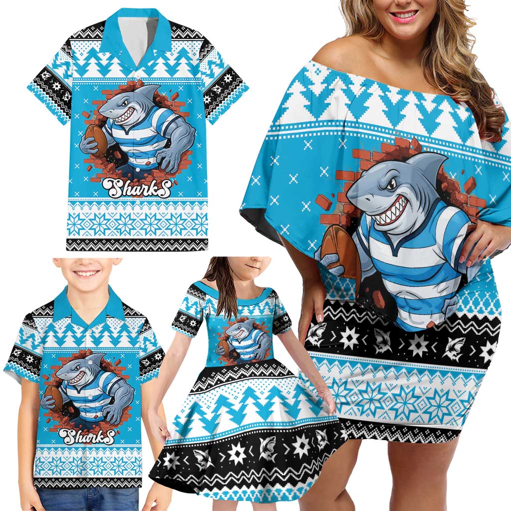 Claus Shark Strikes Personalized Family Matching Off Shoulder Short Dress and Hawaiian Shirt Christmas Rugby League Spirit - Aussie Hoodie