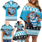 Claus Shark Strikes Personalized Family Matching Off Shoulder Short Dress and Hawaiian Shirt Christmas Rugby League Spirit - Aussie Hoodie