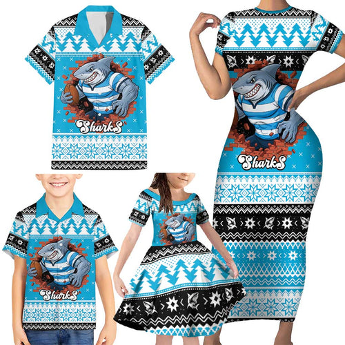 Claus Shark Strikes Personalized Family Matching Short Sleeve Bodycon Dress and Hawaiian Shirt Christmas Rugby League Spirit - Aussie Hoodie