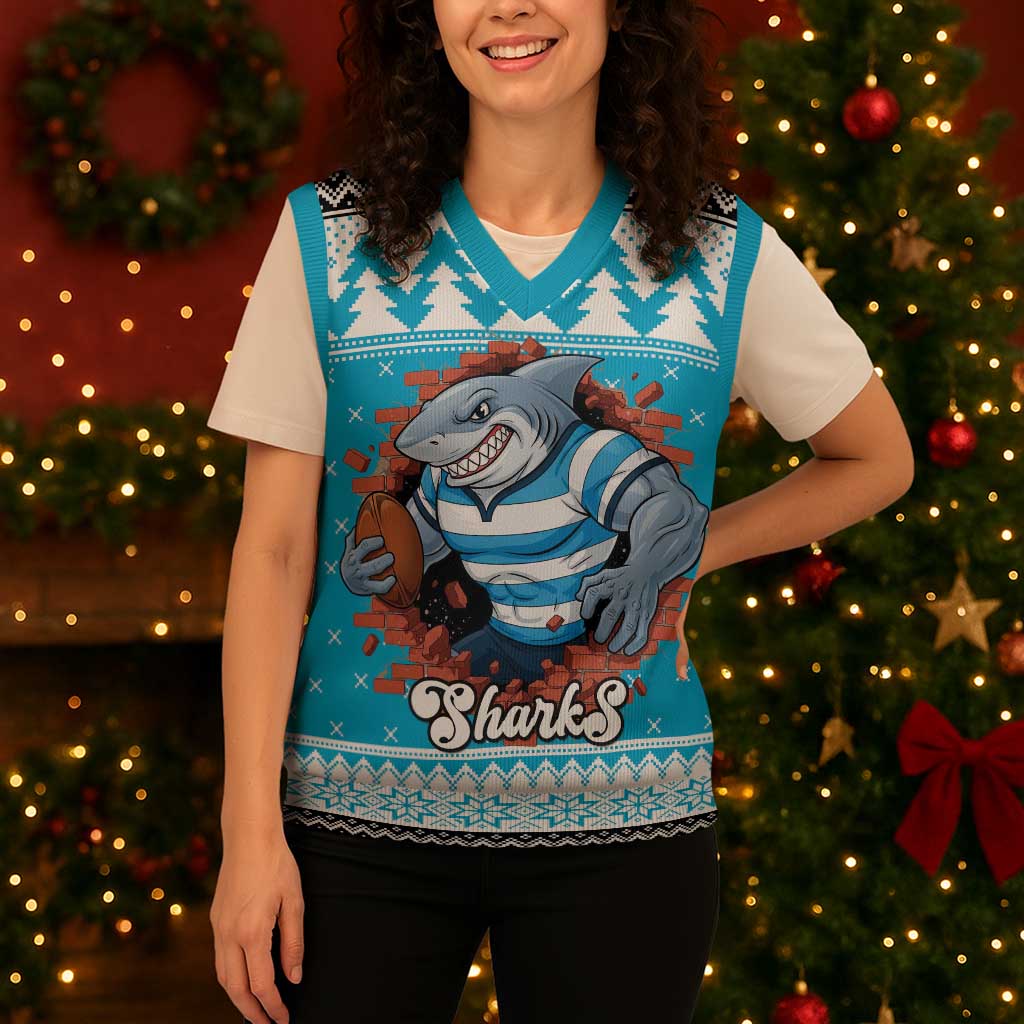 Claus Shark Strikes Personalized Christmas Knitted V-Neck Vest Christmas Rugby League Spirit - Aussie Hoodie