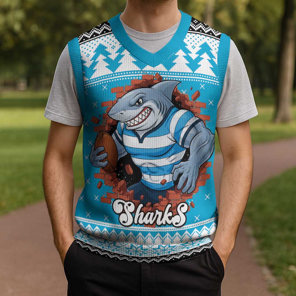 Claus Shark Strikes Personalized Christmas Knitted V-Neck Vest Christmas Rugby League Spirit - Aussie Hoodie