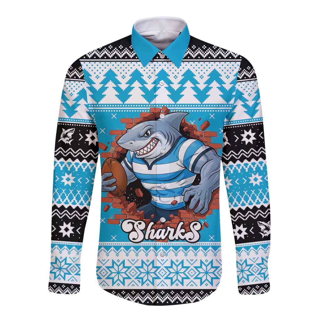 Claus Shark Strikes Personalized Long Sleeve Button Shirt Christmas Rugby League Spirit - Aussie Hoodie