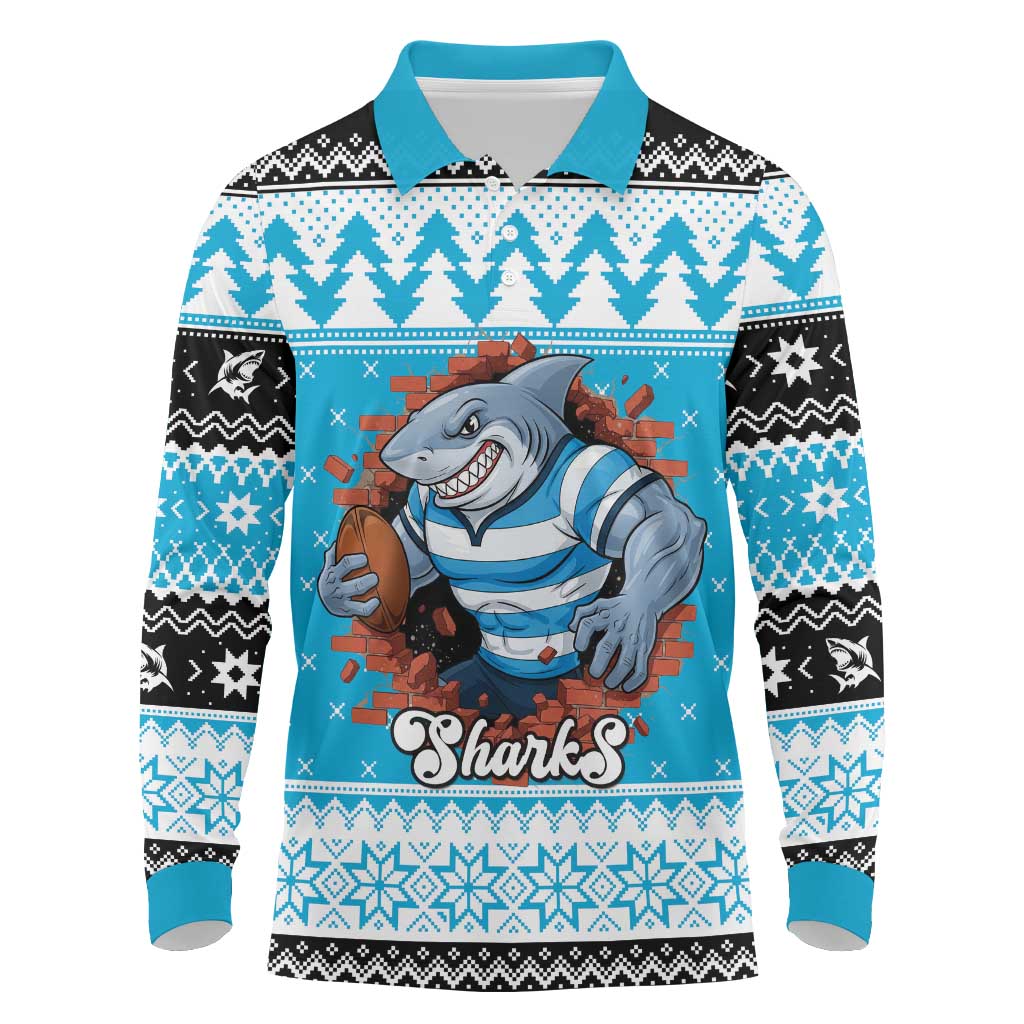 Claus Shark Strikes Personalized Long Sleeve Polo Shirt Christmas Rugby League Spirit - Aussie Hoodie