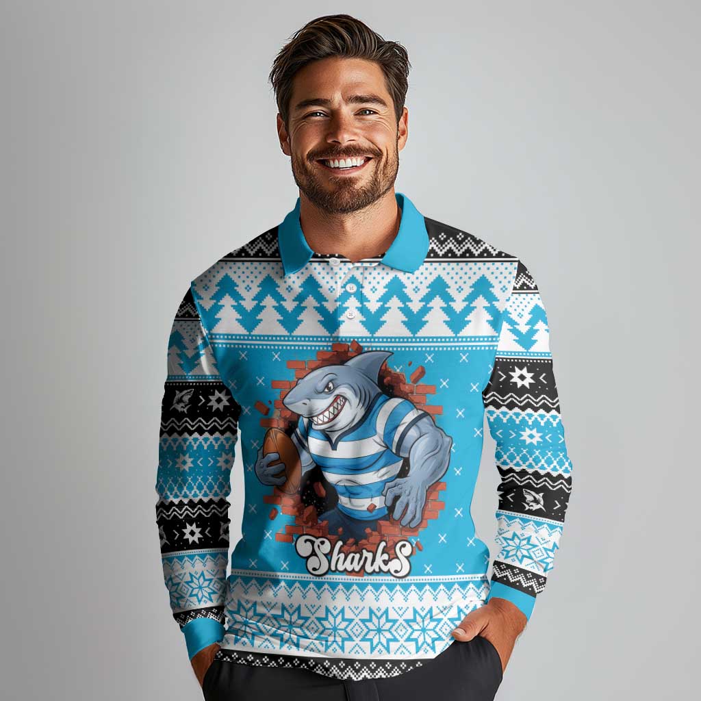 Claus Shark Strikes Personalized Long Sleeve Polo Shirt Christmas Rugby League Spirit - Aussie Hoodie