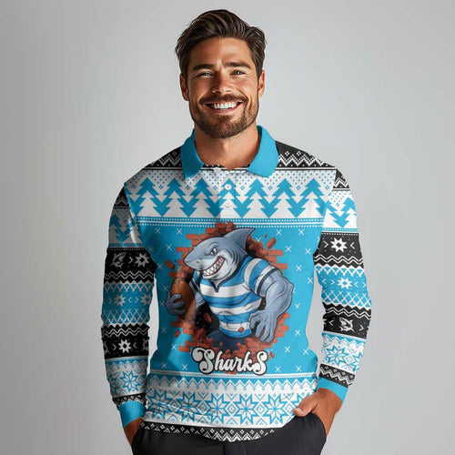 Claus Shark Strikes Personalized Long Sleeve Polo Shirt Christmas Rugby League Spirit - Aussie Hoodie