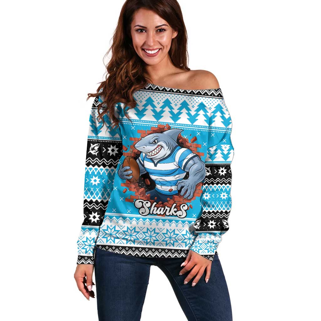 Claus Shark Strikes Personalized Off Shoulder Sweater Christmas Rugby League Spirit - Aussie Hoodie