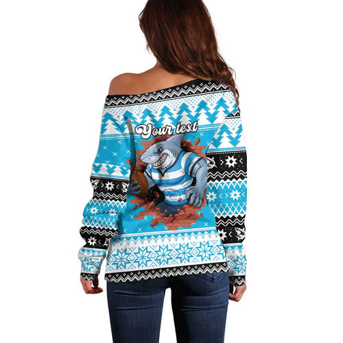 Claus Shark Strikes Personalized Off Shoulder Sweater Christmas Rugby League Spirit - Aussie Hoodie