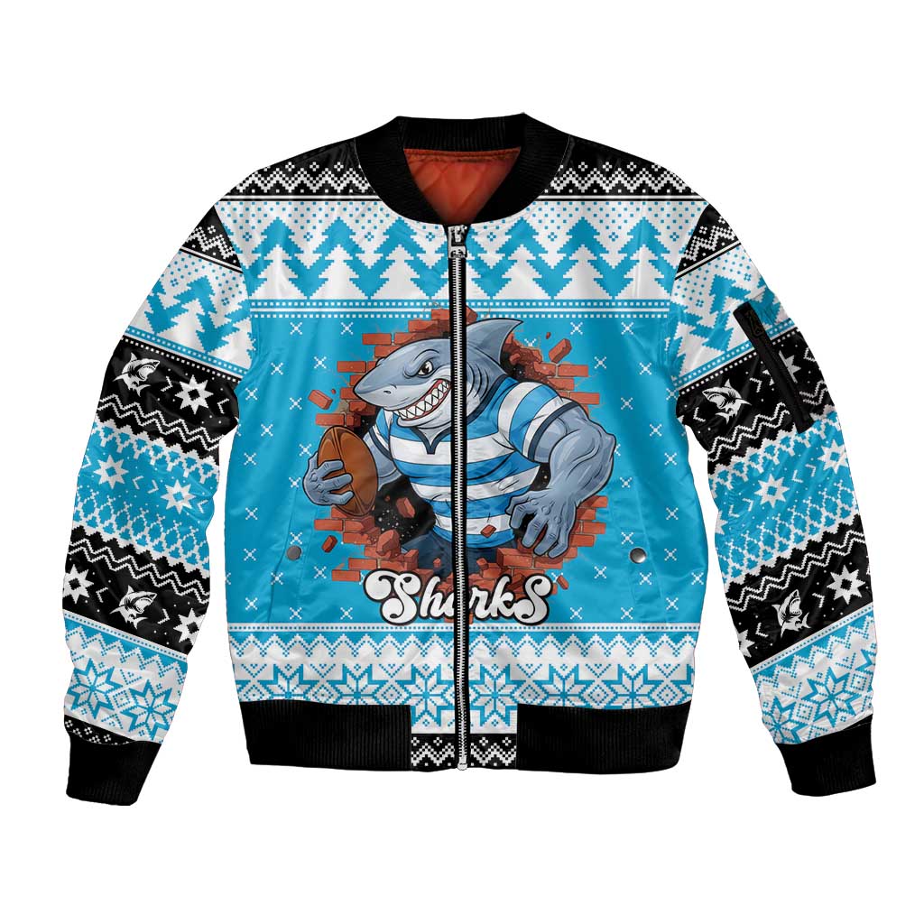 Claus Shark Strikes Personalized Sleeve Zip Bomber Jacket Christmas Rugby League Spirit - Aussie Hoodie