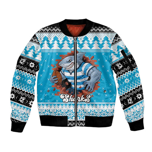 Claus Shark Strikes Personalized Sleeve Zip Bomber Jacket Christmas Rugby League Spirit - Aussie Hoodie