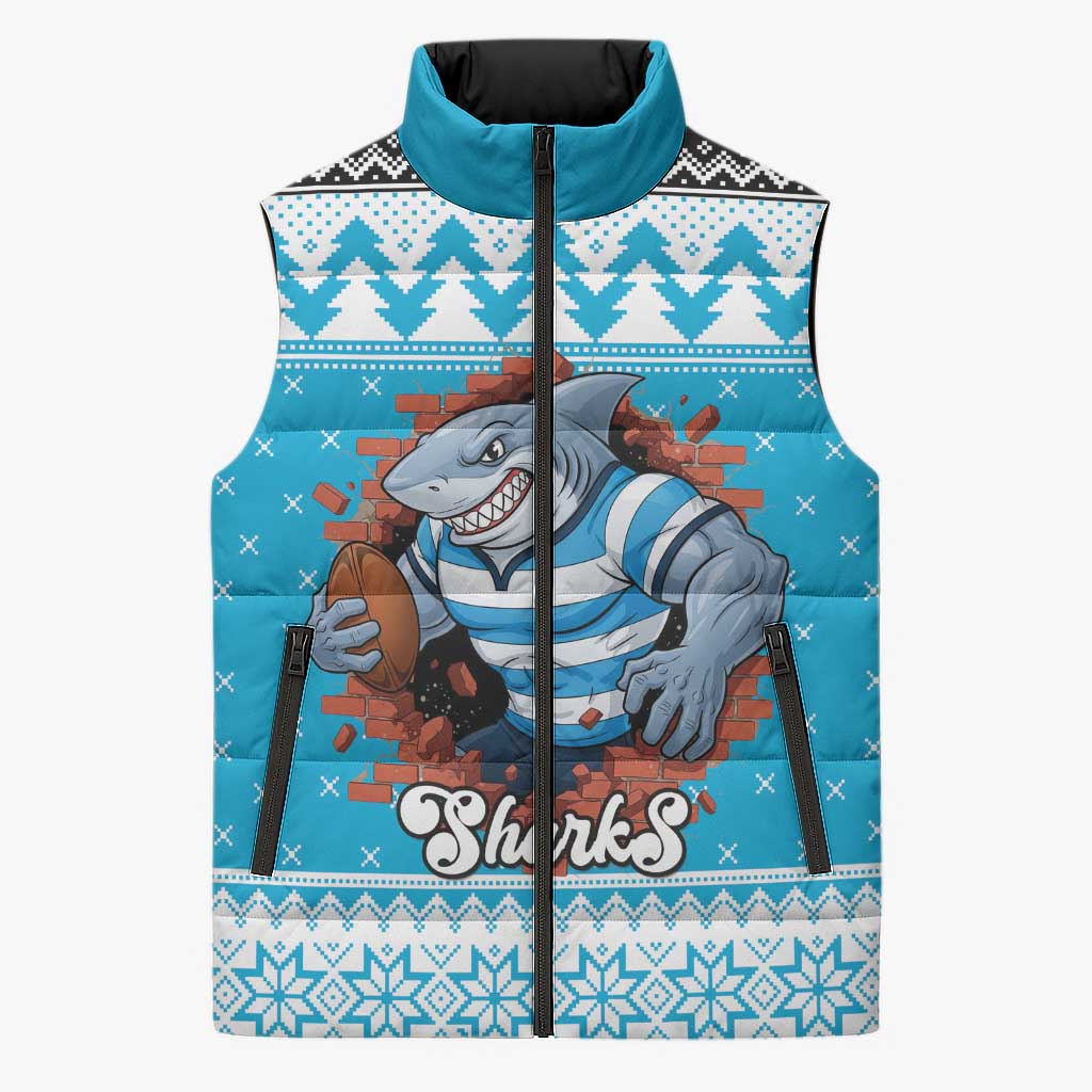 Claus Shark Strikes Personalized Sleeveless Puffer Jacket Christmas Rugby League Spirit - Aussie Hoodie