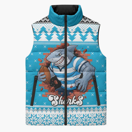 Claus Shark Strikes Personalized Sleeveless Puffer Jacket Christmas Rugby League Spirit - Aussie Hoodie