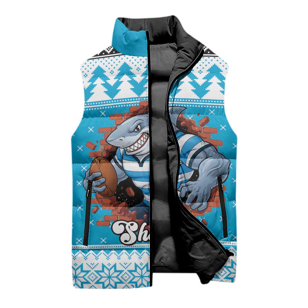 Claus Shark Strikes Personalized Sleeveless Puffer Jacket Christmas Rugby League Spirit - Aussie Hoodie