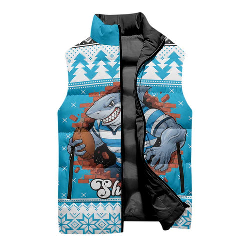 Claus Shark Strikes Personalized Sleeveless Puffer Jacket Christmas Rugby League Spirit - Aussie Hoodie