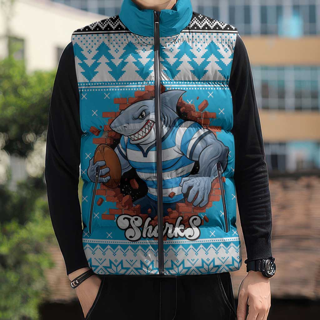 Claus Shark Strikes Personalized Sleeveless Puffer Jacket Christmas Rugby League Spirit - Aussie Hoodie