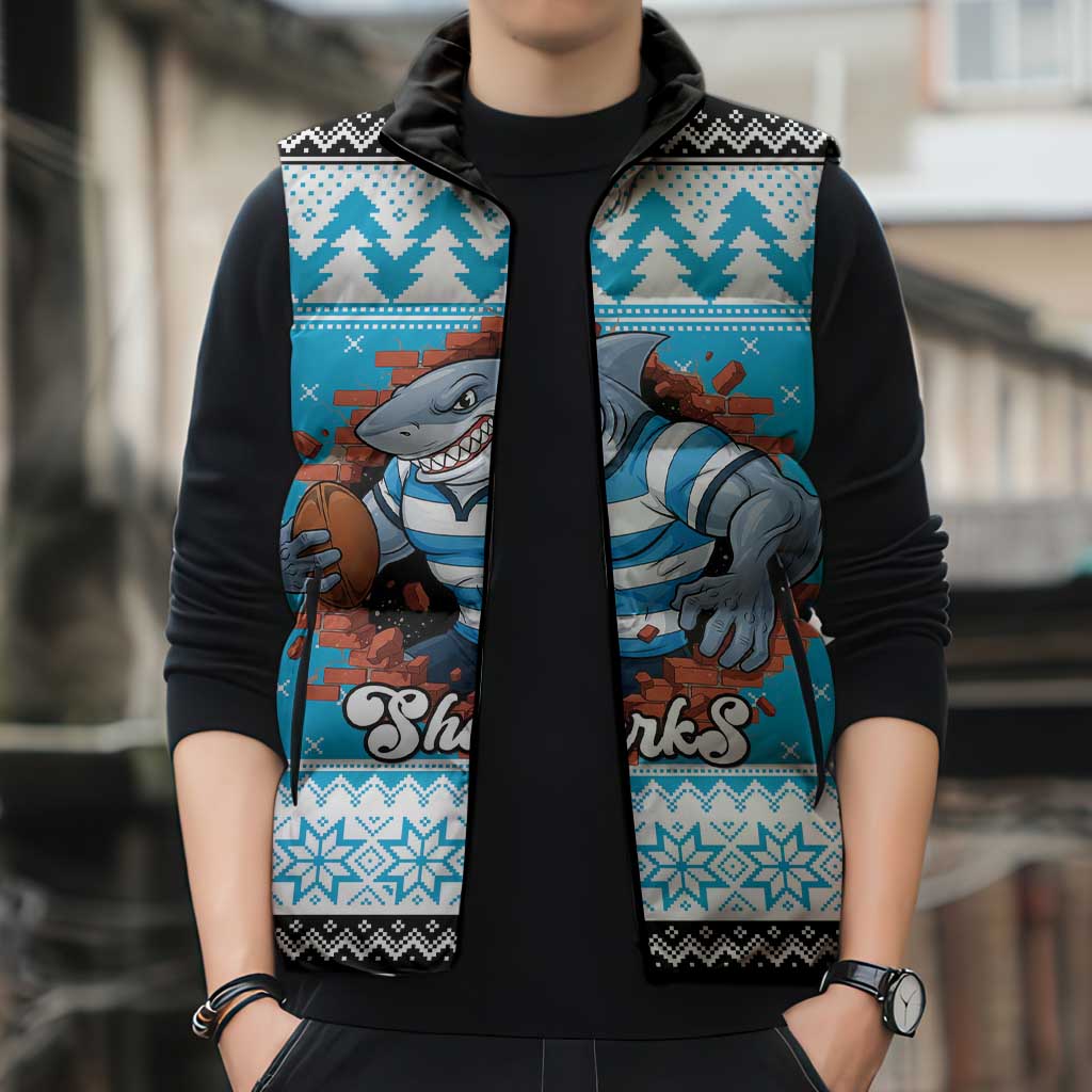 Claus Shark Strikes Personalized Sleeveless Puffer Jacket Christmas Rugby League Spirit - Aussie Hoodie