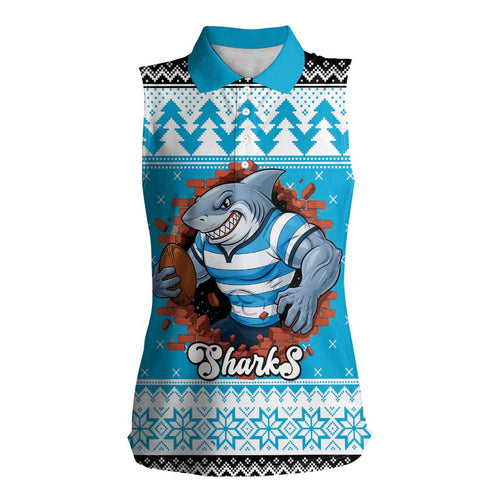 Claus Shark Strikes Personalized Women Sleeveless Polo Shirt Christmas Rugby League Spirit - Aussie Hoodie