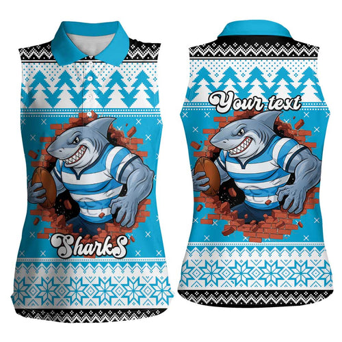 Claus Shark Strikes Personalized Women Sleeveless Polo Shirt Christmas Rugby League Spirit - Aussie Hoodie