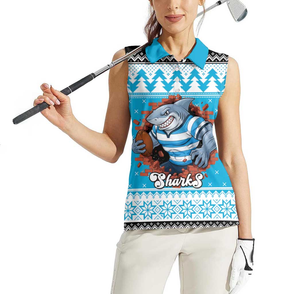 Claus Shark Strikes Personalized Women Sleeveless Polo Shirt Christmas Rugby League Spirit - Aussie Hoodie