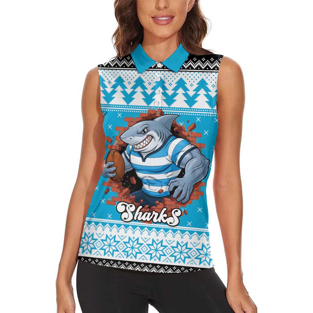 Claus Shark Strikes Personalized Women Sleeveless Polo Shirt Christmas Rugby League Spirit - Aussie Hoodie