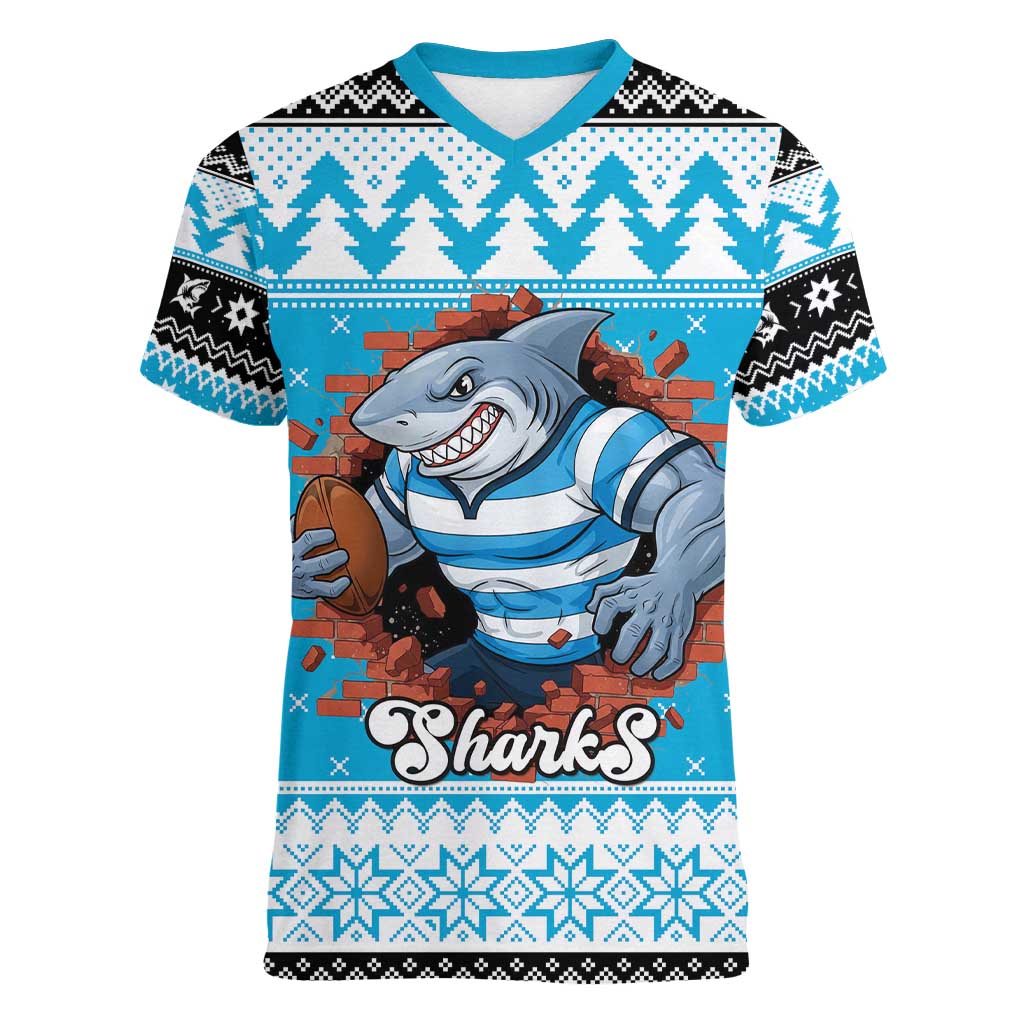 Claus Shark Strikes Personalized Women V-Neck T-Shirt Christmas Rugby League Spirit - Aussie Hoodie