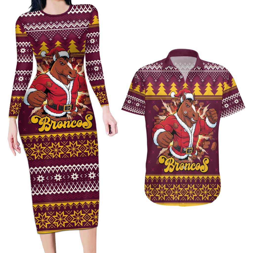 Jingle Broncos Jump Personalized Couples Matching Long Sleeve Bodycon Dress and Hawaiian Shirt Christmas Rugby League Spirit - Aussie Hoodie