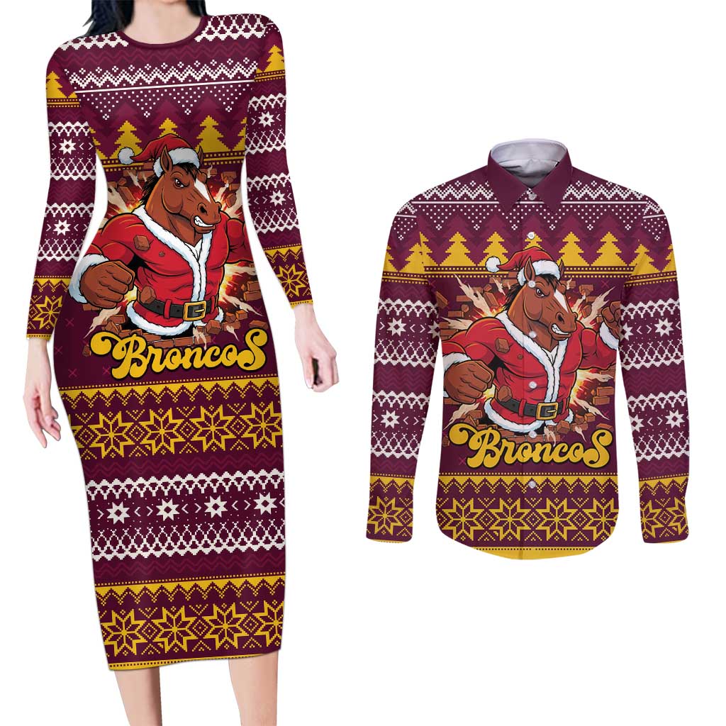 Jingle Broncos Jump Personalized Couples Matching Long Sleeve Bodycon Dress and Long Sleeve Button Shirt Christmas Rugby League Spirit - Aussie Hoodie