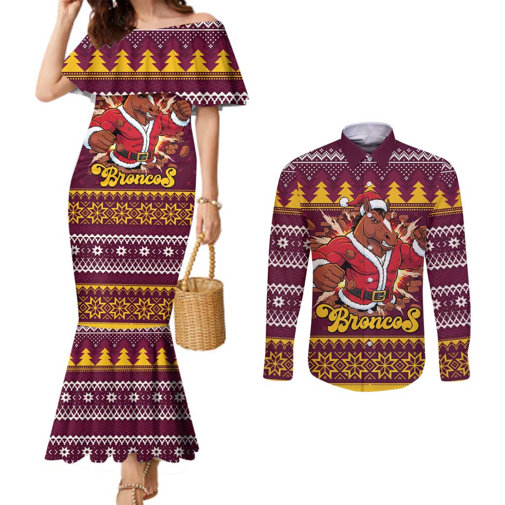 Jingle Broncos Jump Personalized Couples Matching Mermaid Dress and Long Sleeve Button Shirt Christmas Rugby League Spirit - Aussie Hoodie
