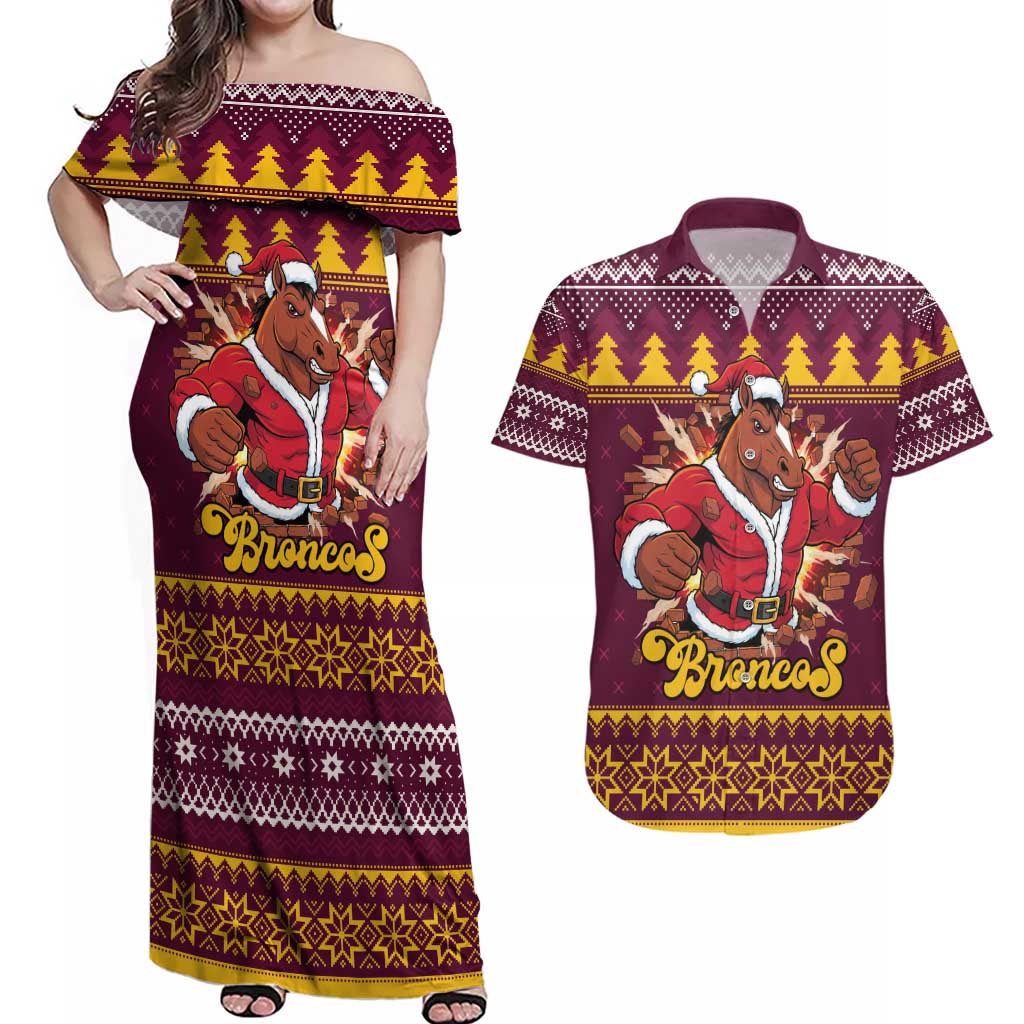 Jingle Broncos Jump Personalized Couples Matching Off Shoulder Maxi Dress and Hawaiian Shirt Christmas Rugby League Spirit - Aussie Hoodie