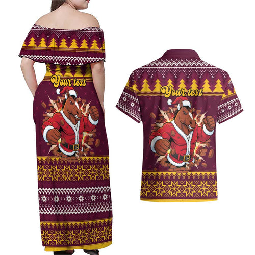 Jingle Broncos Jump Personalized Couples Matching Off Shoulder Maxi Dress and Hawaiian Shirt Christmas Rugby League Spirit - Aussie Hoodie
