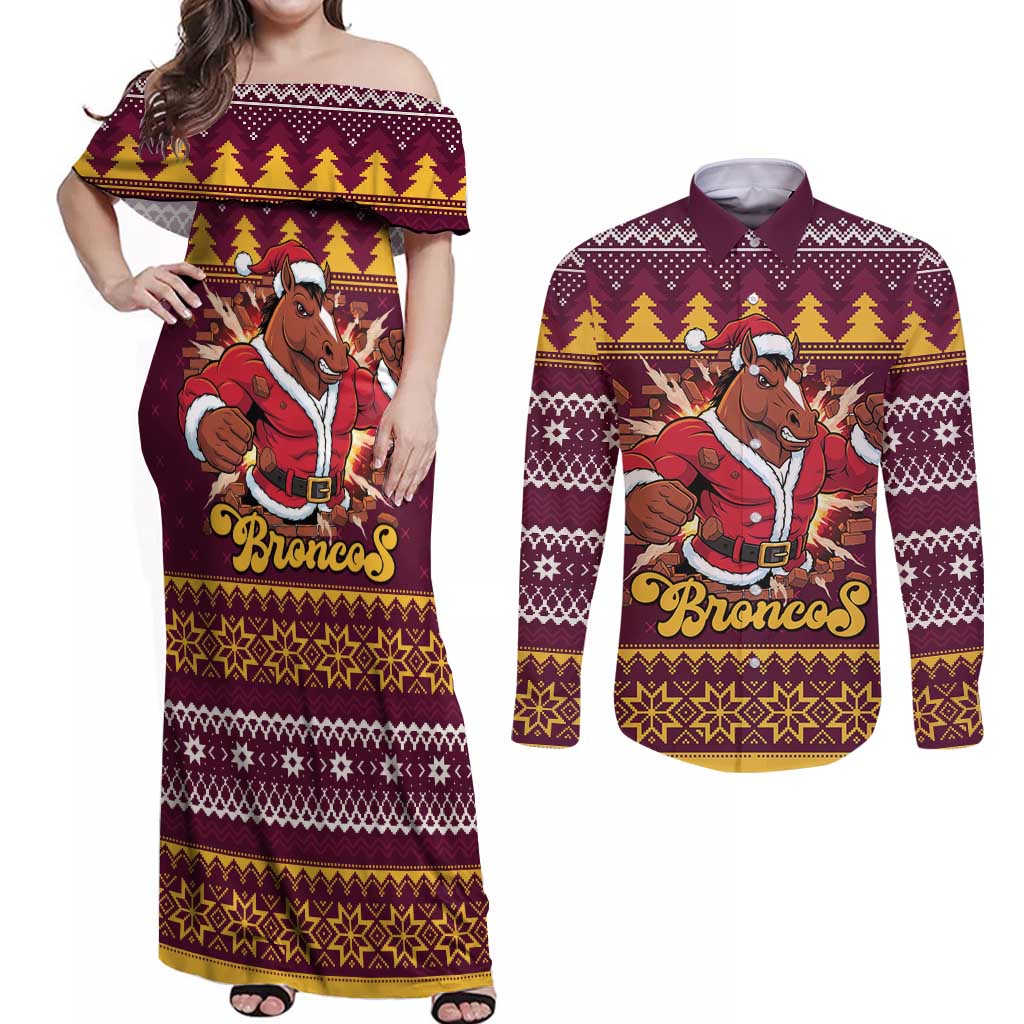 Jingle Broncos Jump Personalized Couples Matching Off Shoulder Maxi Dress and Long Sleeve Button Shirt Christmas Rugby League Spirit - Aussie Hoodie