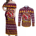 Jingle Broncos Jump Personalized Couples Matching Off Shoulder Maxi Dress and Long Sleeve Button Shirt Christmas Rugby League Spirit - Aussie Hoodie