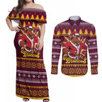 Jingle Broncos Jump Personalized Couples Matching Off Shoulder Maxi Dress and Long Sleeve Button Shirt Christmas Rugby League Spirit - Aussie Hoodie